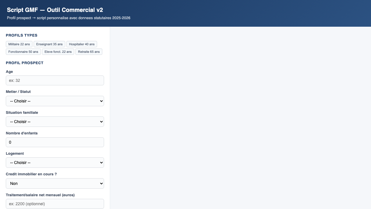 Interface de saisie de l'outil de vente : formulaire profil à gauche, script généré à droite