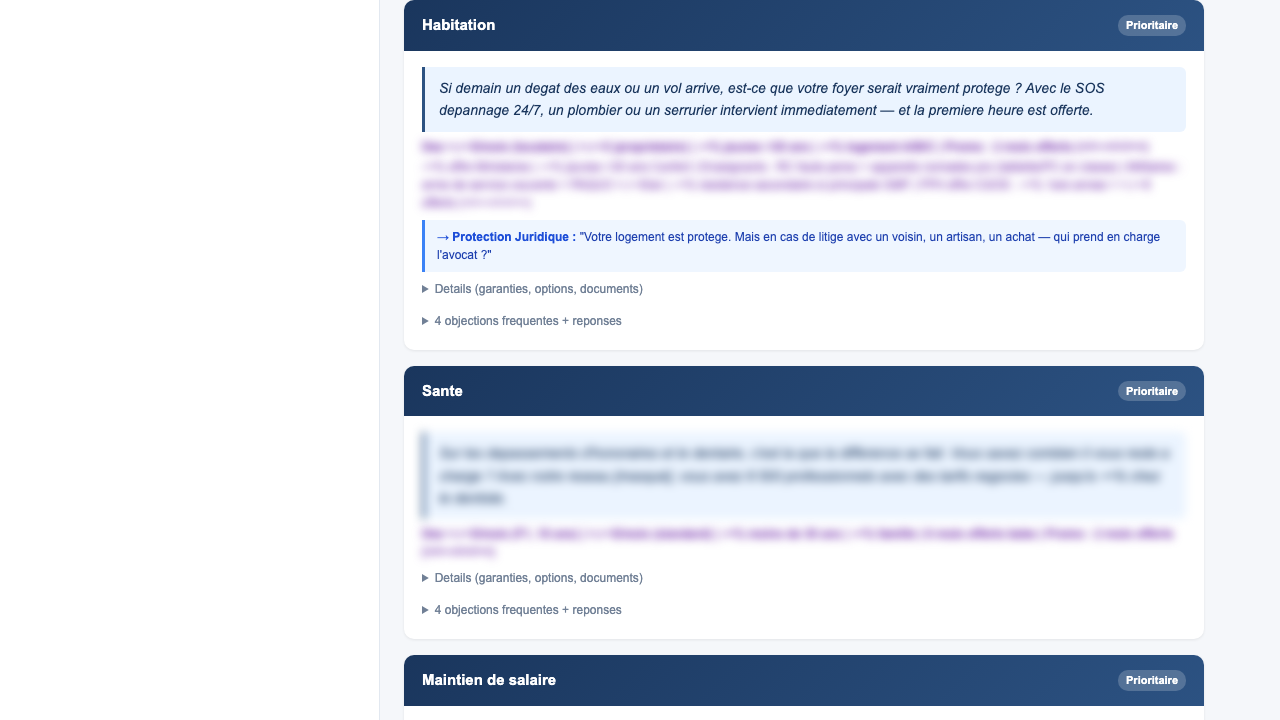 Liste des produits recommandés avec pitchs, objections et options dépliables