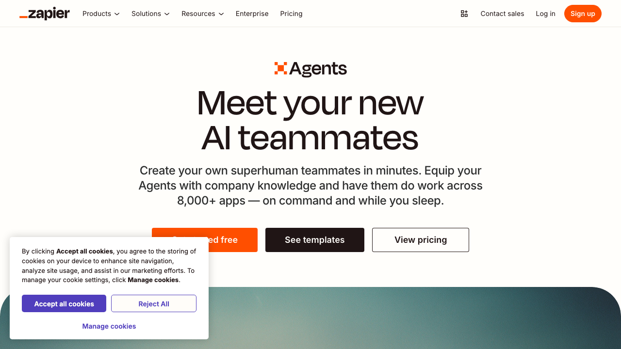 Page d'accueil de Zapier Agents avec templates et intégrations