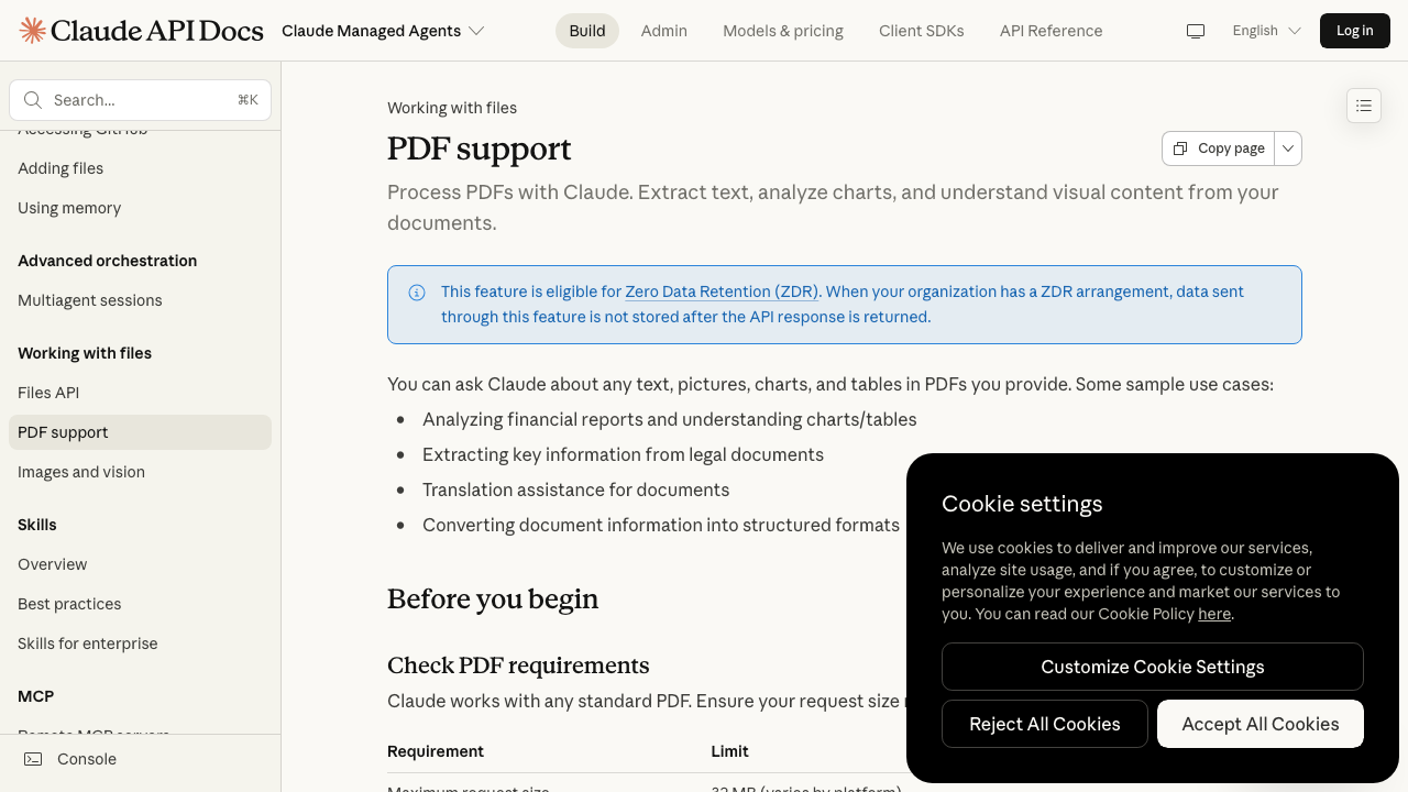 Documentation officielle Anthropic sur le support des fichiers PDF par Claude