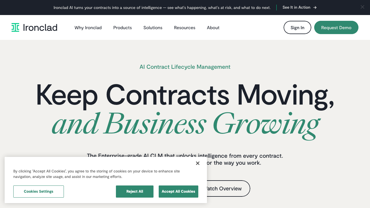 Site d'Ironclad, plateforme CLM mainstream pour la gestion du cycle de vie des contrats