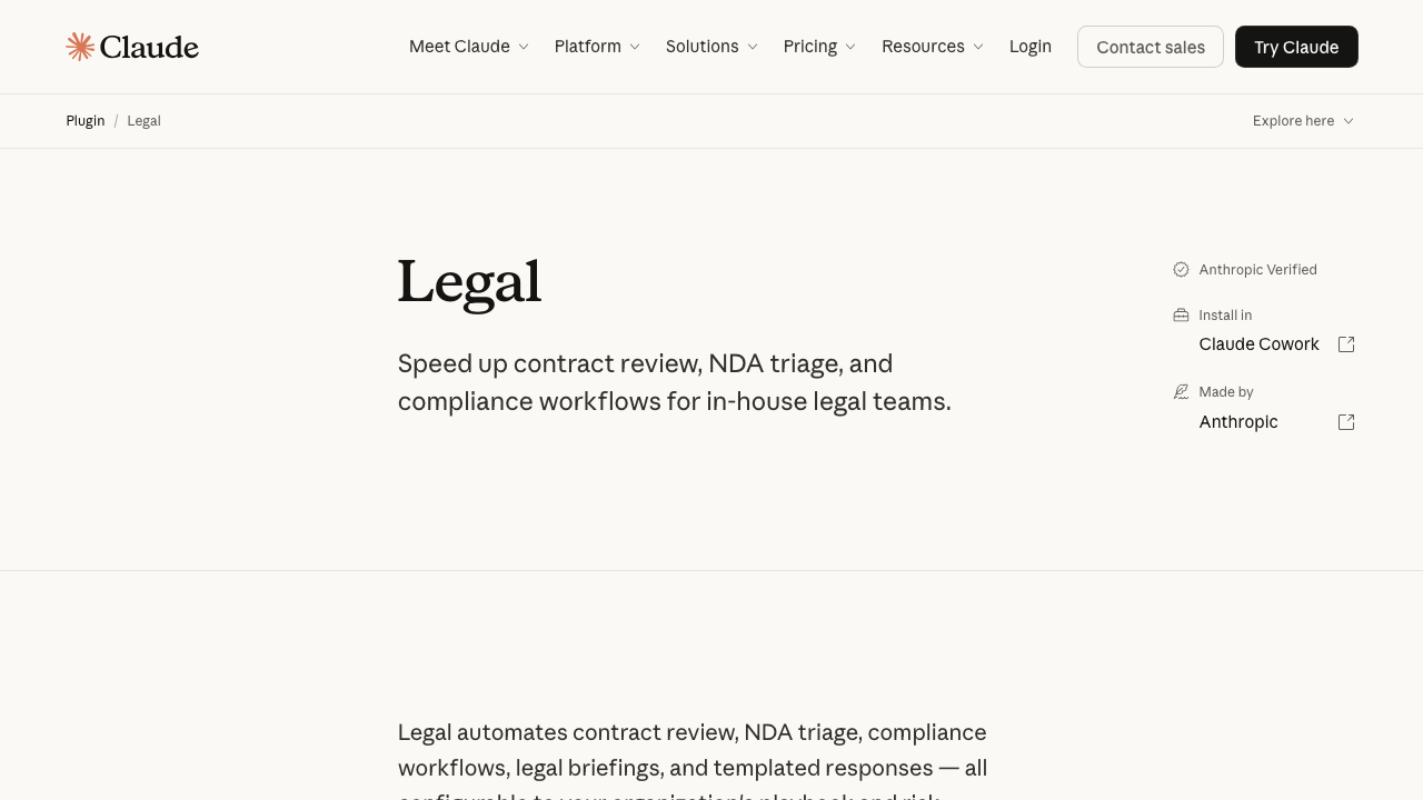 Page officielle du plugin Claude Legal lancé par Anthropic en février 2026