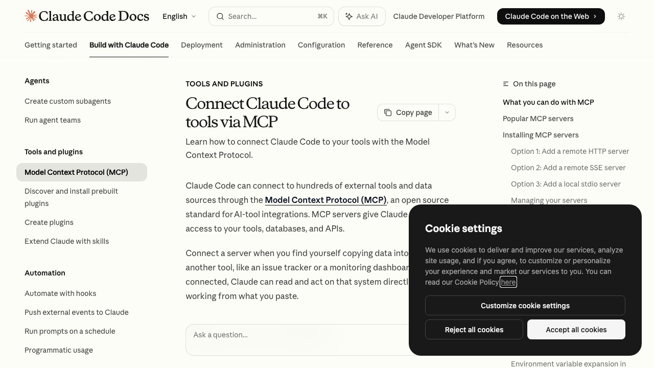 Documentation Claude Code expliquant le fonctionnement des MCP servers