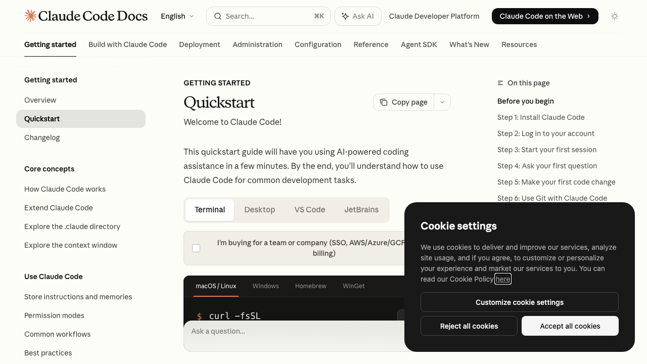 Capture de la documentation officielle Claude Code avec le quickstart et les premières commandes