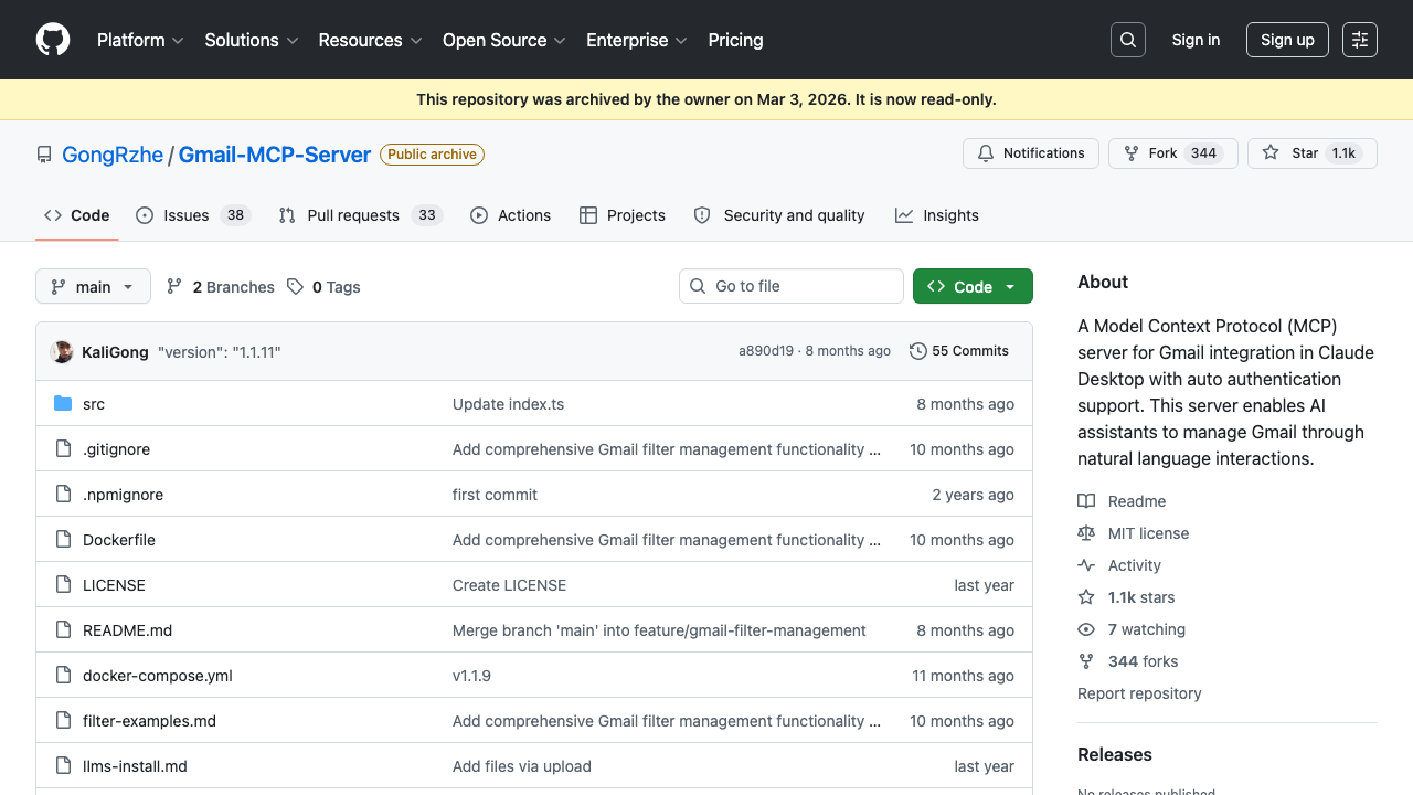 Page GitHub du projet Gmail MCP server le plus utilisé en 2026