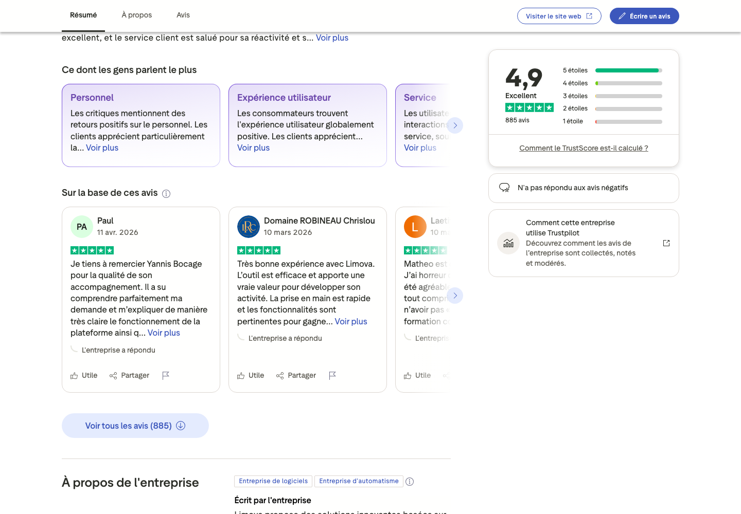 Page Trustpilot de Limova.ai avec la liste des avis et leurs prénoms d'auteurs, affichant un score 4,9 sur 5