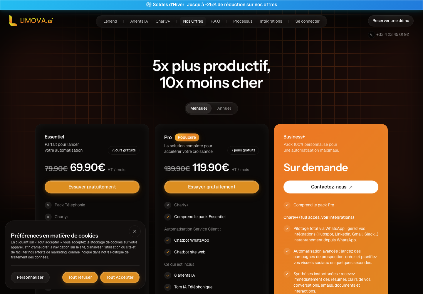 Page tarifs Limova.ai affichant les trois plans Essentiel, Pro et Business+ avec le slogan '5x plus productif, 10x moins cher'