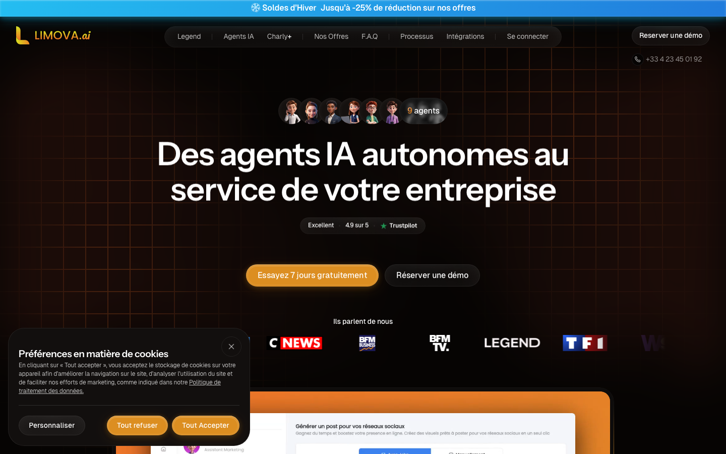 Capture d'écran de la home Limova.ai avec le hero des neuf agents IA et les logos presse BFM, Le Figaro, TF1, LEGEND